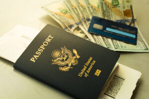 Passaporte e cartão de embarque dos EUA, com pagamento em dinheiro e cartão de crédito no aeroporto. Compra de passagens para acumular no programa de pontos.